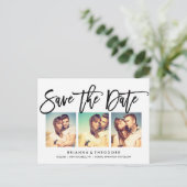 Chic Hand Letted Save the Date Foto Collage Ankündigungspostkarte (Stehend Vorderseite)