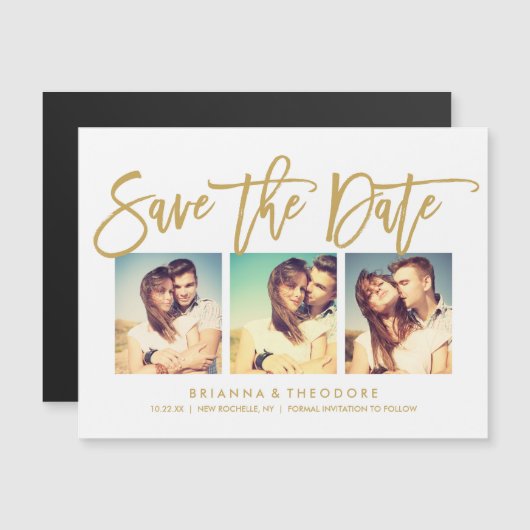 Chic Hand Letted Save the Date Foto Collage Magneteinladung (Vorne/Hinten)