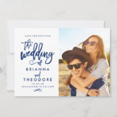Chic Hand Letted Save the Date Foto Navy (Vorderseite)