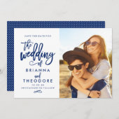 Chic Hand Letted Save the Date Foto Navy (Vorne/Hinten)