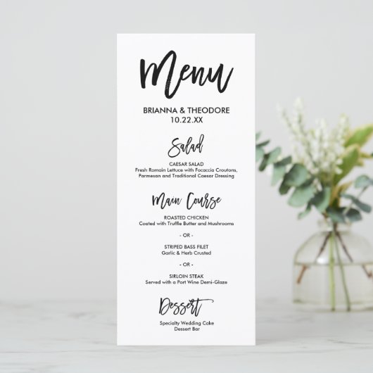Chic Hand Letted Wedding Menu Programm (Stehend Vorderseite)