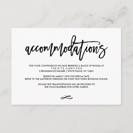 Chic Hand Letter Wedding Accomodation Card Begleitkarte (Vorderseite)