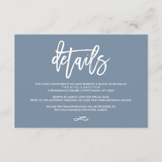 Chic Hand Letter Wedding Details Dusty Blue Begleitkarte (Vorderseite)