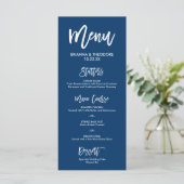 Chic Hand Letter Wedding Menu Navy Blue Menükarte (Stehend Vorderseite)