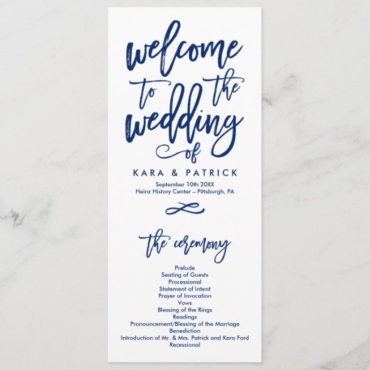 Chic Hand Letter Wedding Zeremony Program Navy Programm (Vorderseite)