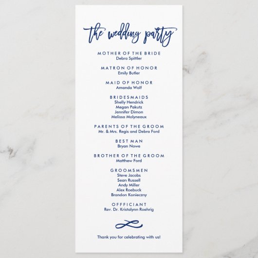 Chic Hand Letter Wedding Zeremony Program Navy Programm (Rückseite)
