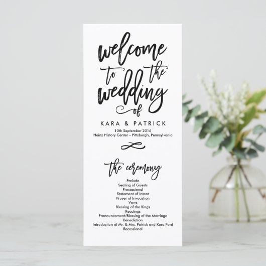 Chic Hand Letter Wedding Zeremony Program Programm (Stehend Vorderseite)