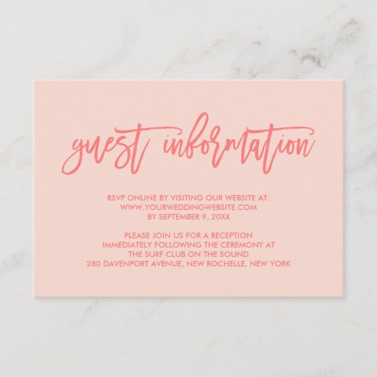 Chic Hand Lettered Coral Wedding Guest Information Begleitkarte (Vorderseite)