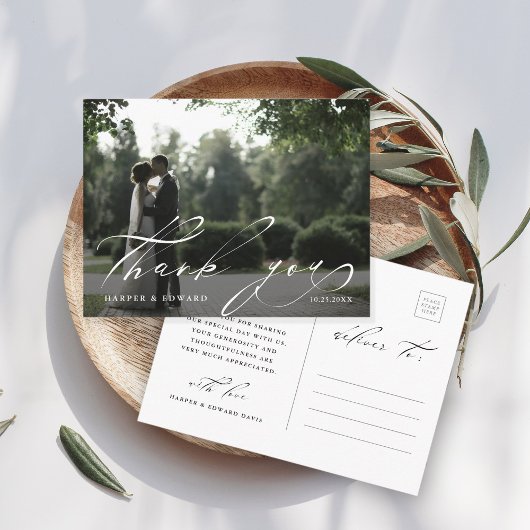 Chic Hand Lettered Foto Wedding Danke Postkarte