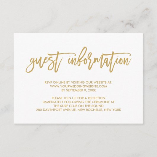 Chic Hand Lettered Gold Wedding Guest Information Begleitkarte (Vorderseite)