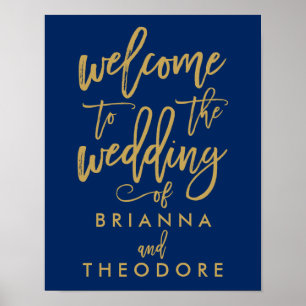 Chic Hand Lettered Gold Wedding Welcome Sign Navy Poster