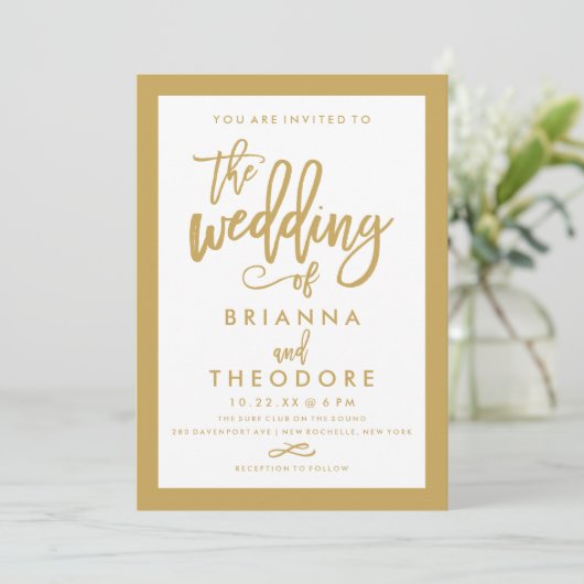 Chic Hand Lettered Gold Weditation Border Einladung (Stehend Vorderseite)