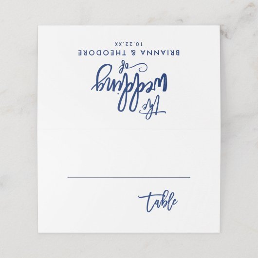 Chic Hand Lettered Navy Hochzeitkarte Platzkarte (Außenseite Aufgefaltet)