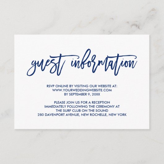 Chic Hand Lettered Navy Wedding Guest Information Begleitkarte (Vorderseite)