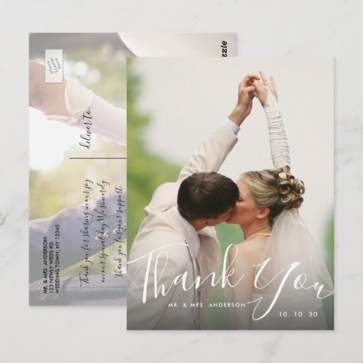 Chic Hand Lettered Script Foto Wedding Vielen Dank Postkarte (Vorne/Hinten)