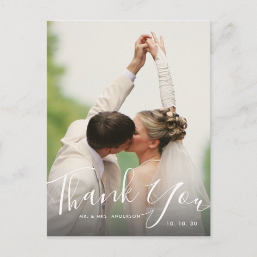 Chic Hand Lettered Script Foto Wedding Vielen Dank Postkarte (Vorderseite)