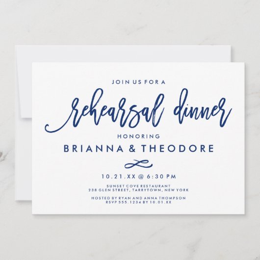 Chic Hand Lettered Wedding Probe Dinner Navy Einladung (Vorderseite)