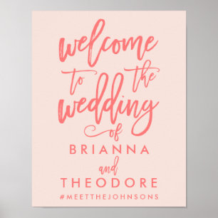 Chic Hand Lettered Wedding Welcome Sign Coral Poster