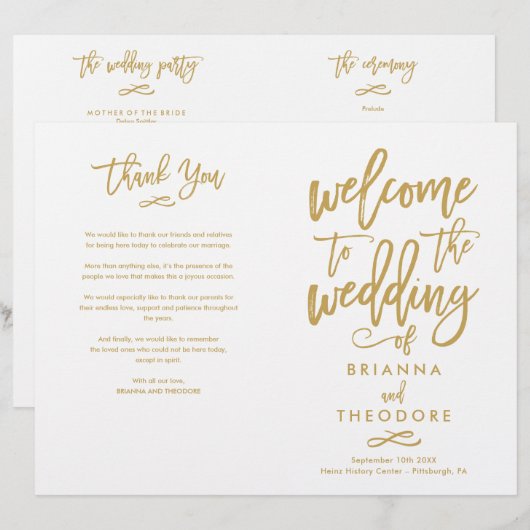 Chic Hand Lettered Wedding Zeremony Programm gekla (Vorne/Hinten)