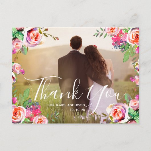 Chic Hand Letters Foto Floral Wedding Vielen Dank Postkarte (Vorderseite)