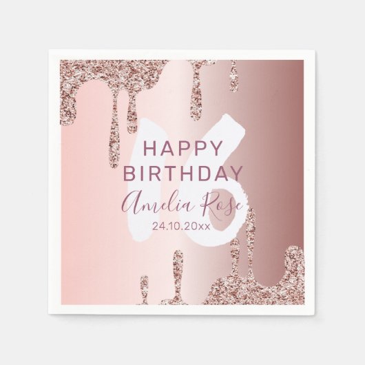 Chic Happy Birthday Rose Gold Glitzer Serviette (Vorderseite)