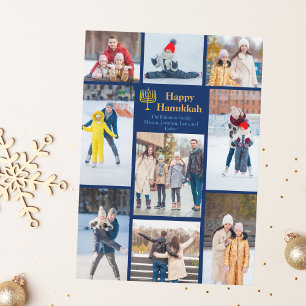 Chic Happy Hanukkah Familie Foto Collage Blue Gold Feiertagskarte