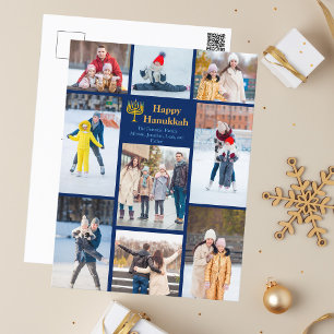 Chic Happy Hanukkah Familie Foto Collage Blue Gold Feiertagspostkarte