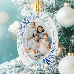 Chic Happy Hanukkah Family Foto Blue Keramik Ornament<br><div class="desc">Schöne,  blaue Aquarellfarben botanische Blätter entstehen aus Ihrem vertikalen jüdischen Familienfoto für ein Happy Hanukkah Ornament. Personalisieren Sie dieses schicke Chanukah Foto Geschenk für den Urlaub.</div>