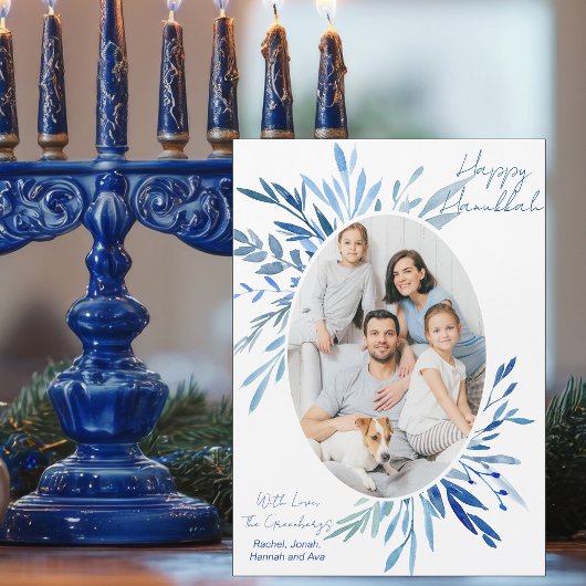 Chic Happy Hanukkah Family Foto Blue Magnet Card