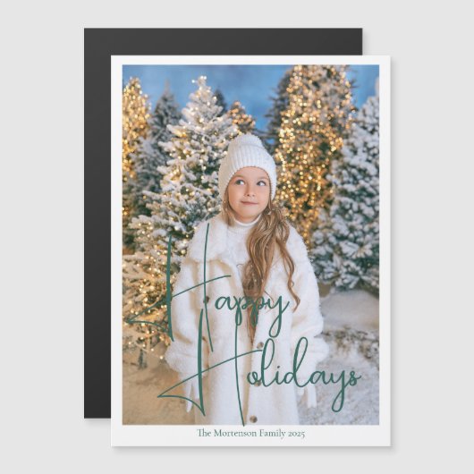 Chic Happy Holidays Green Script Foto Magnet Card (Vorne/Hinten)