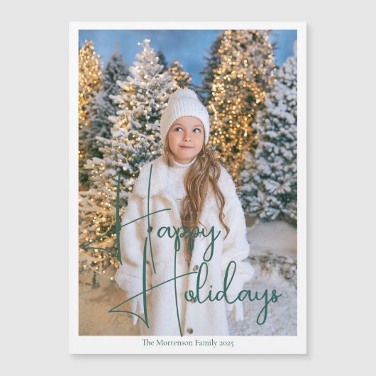 Chic Happy Holidays Green Script Foto Magnet Card (Vorderseite)