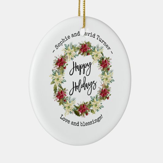 Chic Happy Holidays Script Poinsettia Monogram Keramik Ornament (Rechts)