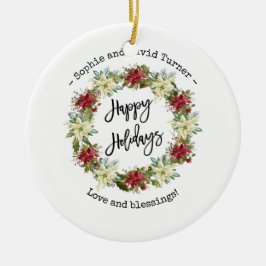 Chic Happy Holidays Script Poinsettia Monogram Keramik Ornament