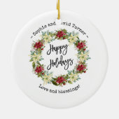 Chic Happy Holidays Script Poinsettia Monogram Keramik Ornament (Hinten)