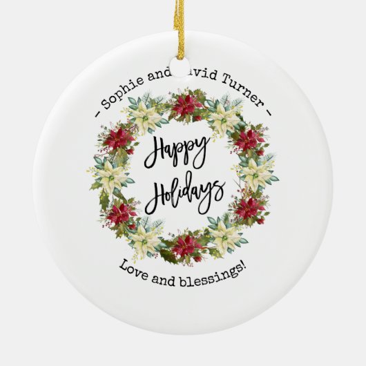 Chic Happy Holidays Script Poinsettia Monogram Keramik Ornament (Hinten)