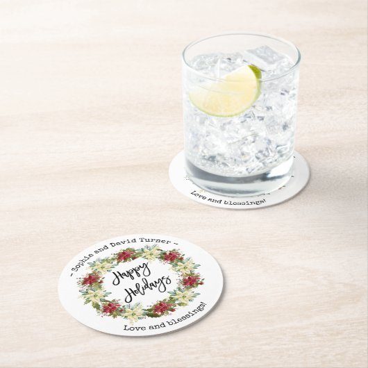 Chic Happy Holidays Script Poinsettia Monogram Runder Pappuntersetzer (Vor Ort)