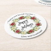 Chic Happy Holidays Script Poinsettia Monogram Runder Pappuntersetzer (Angewinkelt)
