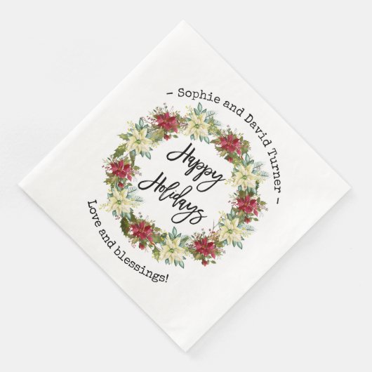 Chic Happy Holidays Script Poinsettia Monogram Serviette (Ecke)