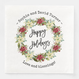 Chic Happy Holidays Script Poinsettia Monogram Serviette