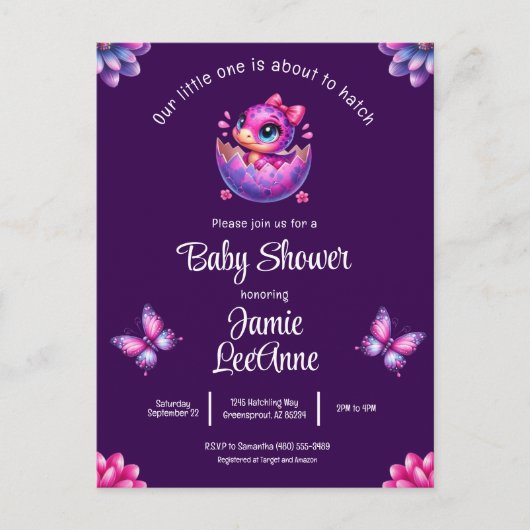 Chic Hatching Bald Lila Dinosaur Baby Dusche Postkarte (Vorderseite)