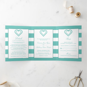 Chic Heart, Aquamarin gestreifte Hochzeitssuite Dreifach Gefaltete Einladung