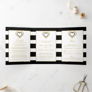 Chic Heart, Black & Gold Striping Wedding Suite Dreifach Gefaltete Einladung