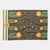 Chic Heart Floral Muster Brown Monogram Initial Geschirrtuch (Horizontal)