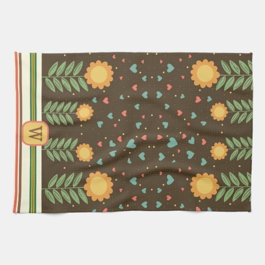 Chic Heart Floral Muster Brown Monogram Initial Geschirrtuch (Horizontal)