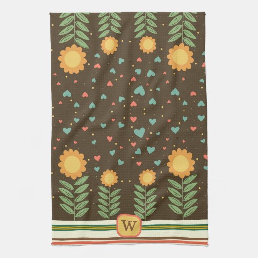 Chic Heart Floral Muster Brown Monogram Initial Geschirrtuch (Vertikal)