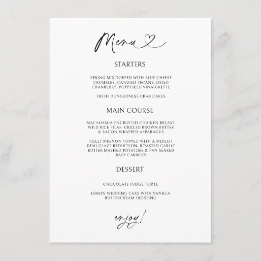 Chic Heart Menu Card Minimal Reception Dining Menükarte (Vorderseite)