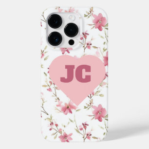 Chic Heart Monogram Initials Pink Floral Shabby Case-Mate iPhone 14 Pro Hülle