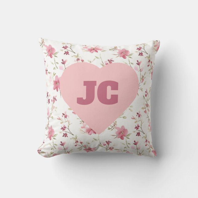 Chic Heart Monogram Initials Pink Floral Shabby Kissen (Vorderseite)