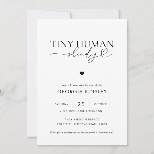 Chic Heart Script Tiny Human Shindig Baby Dusche Einladung (Vorderseite)