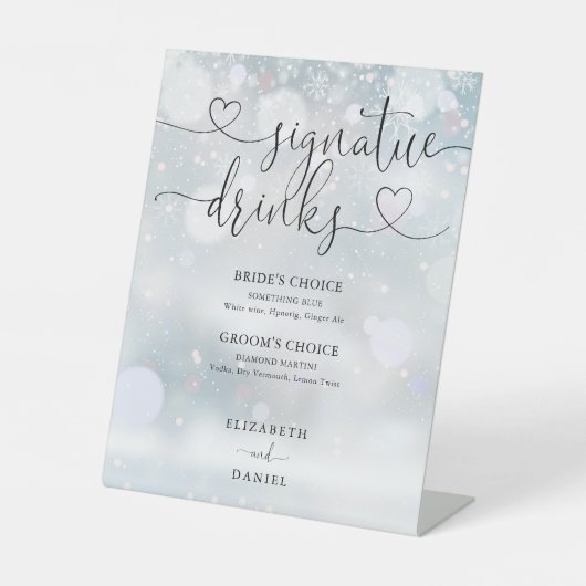 Chic Heart Script Winter Wedding Signature Drinks Sockelschild (Vorderseite)